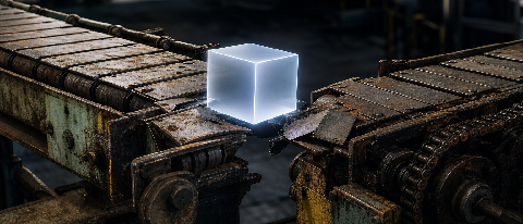 A broken industrial conveyor belt where a sleek, glowing cube is stuck at a gap, symbolizing AI's failure to connect with messy, real-world processes.