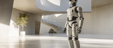 A sleek, modern robot standing in a minimalist architectural space.