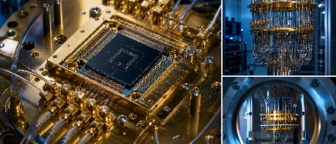 Close-up of a quantum processor chip inside a dilution refrigerator with intricate wiring and gold-plated components