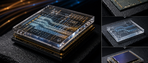 A conceptual editorial image showing a hybrid electronic-photonic chip prototype alongside abstract representations of classical and quantum data streams, empha