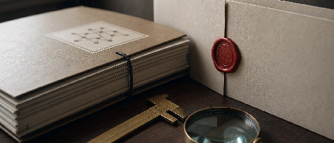 Editorial still life of a red stamp on a paper gate blocking a folder of technical documents.