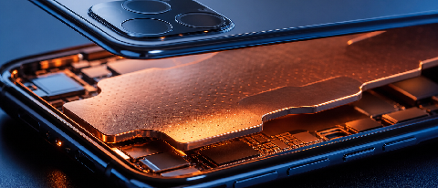 A close-up of a smartphone chassis with a translucent heat dissipation layer revealing internal circuitry, emphasizing thermal stress and engineering solutions.