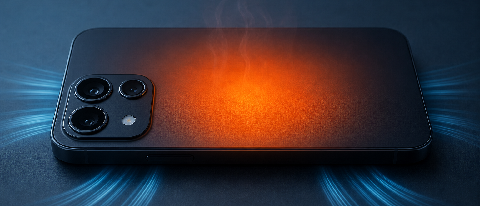 Close-up of a smartphone chassis with subtle heat waves rising from the back panel against a cool blue background