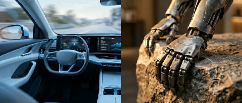 A conceptual editorial image showing a sleek autonomous vehicle interface merging with a human hand, symbolizing the fusion of digital cognition and physical em
