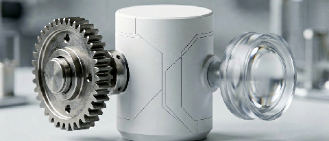 A conceptual editorial photograph showing a sleek, modern server rack seamlessly integrated with precise industrial machinery and medical diagnostic tools, symb
