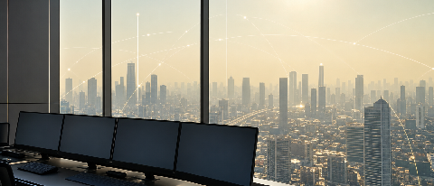 A stylized, high-tech visualization of a power grid control center overlooking a sun-drenched cityscape, emphasizing data flow and thermal management.