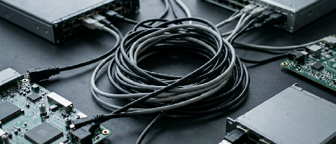 Abstract representation of mixed computing components struggling to connect